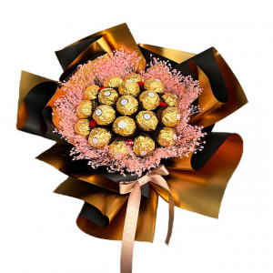 Buchet cadou Delice, cu 19 praline Ferrero și broom natural criogenat