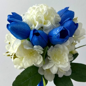 Buchet de mireasa premium, cu lalele din spuma, bujori regali si accesorii din fir si perle, 32 cm - Img 5