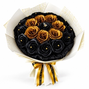Buchet floral cu 21 trandafiri, decorati cu sclipici, negru si auriu, inaltime 50 cm
