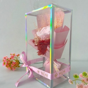Buchet floral cu trandafir criogenat roz, hortensii si feriga, in cutie premium transparenta - Img 3