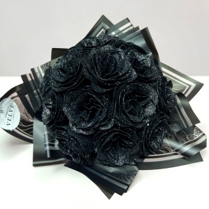 Buchet floral Glitter Black Roses cu 17 trandafiri decorativi negri premium, 40 cm - Img 2