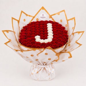 Buchet floral personalizat cu litera din 65 trandafiri de sapun, Rosu- Alb - Img 10