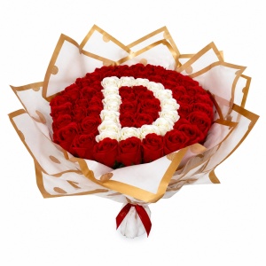 Buchet floral personalizat cu litera din 65 trandafiri de sapun, Rosu- Alb, 50x40 cm - Img 4