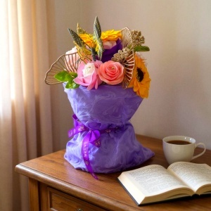 Buchet floral Symphony cu floarea soarelui, garoafe, trandafiri de sapun si plante artizanale, fluture decorativ, Mov - Img 5
