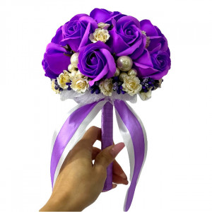 Buchet Mireasa, cu trandafiri de sapun, stamine , flori de hartie si accesorii, mov - Img 4