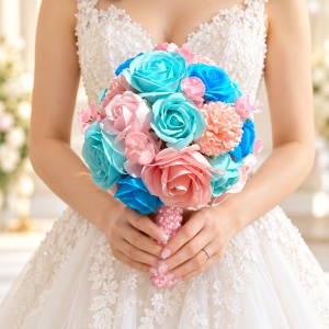 Buchet Mireasa din trandafiri, anemone, dalii de sapun, roz-blue