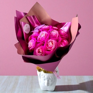 Buchet Roses, cu 19 trandafiri din sapun cu fluturaș decorativ, Roz - Img 5