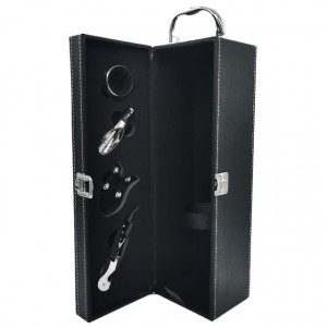 Caseta eleganta din piele ecologica pentru o sticla, cu maner si set 4 accesorii pentru vin