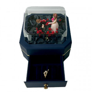 Caseta Memories, cu sertar, LED, flori criogenate si figurine, in tematica Merry Me!, albastru