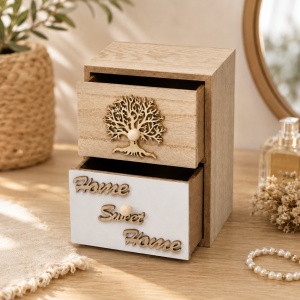 Caseta organizatoare din lemn tip dulapior, 2 sertare, pentru bijuterii, accesorii si cosmetice, Maro-Alb