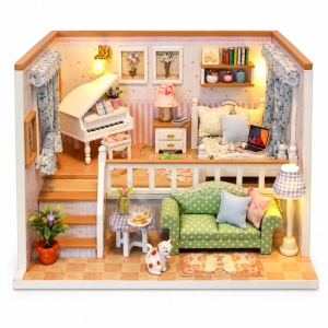 Casuta miniaturala DIY cu doua niveluri, mobilier, pian, dormitor si iluminare LED