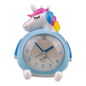 Ceas de masa decorativ cu unicorn, muzica si lumini, albastru, 15x17 cm