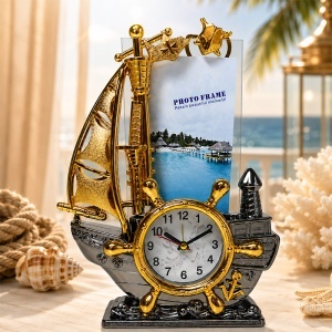 Ceas decorativ de masa cu rama foto si corabie, auriu-argintiu, 20x25 cm - Img 3