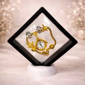Ceas elegant Gold VSH cu pandativ, margele tip Murano si bratara reglabila, Negru