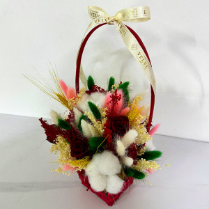 Cosulet aniversar Floral Collection, cu imortele naturale, trandafiri si broom criogenat, lagurus, spice de grau si flori naturale de bumbac, decorat cu funda crem, satinata 4