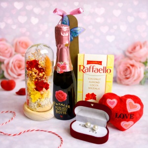 Cosulet femei, flori criogenate, Bottega 200 ml, cercei cu perle, ciocolata Ferrero si inimioara plus