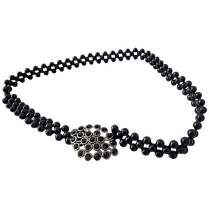 Curea dama, eleganta, din perle, model lat, catarama dreptunghiulara cristale, negru