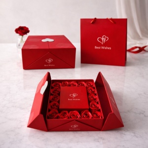 Cutie exclusivista pentru accesorii, cu set cercei Miraj, trandafiri parfumati de sapun, felicitare si punga cadou, Rosu - Img 2