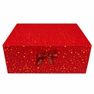 Cutie pentru cadou Golden Dots, rosie cu model auriu si fundita, 25x14 cm