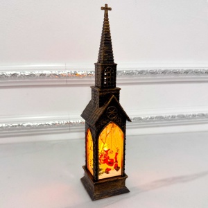 Decoratiune Capela luminoasa Church and Night cu lumina LED si Mos Craciun cu sacul plin, Maro, 21X5X5 cm