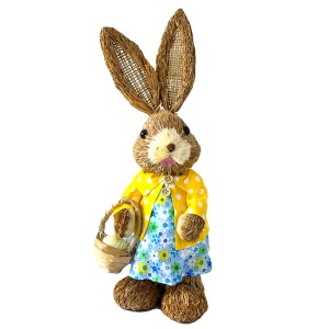 Decoratiune cu tematica de primavara, iepuras in rochie inflorata si cosulet, 37cm