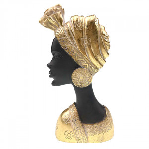 Decoratiune din rasina Moyoko Africa, bust feminin cu turban si cercei supradimensionati, 28x14cm, Auriu