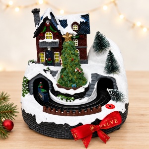 Decoratiune luminoasa de Craciun cu trenulet in miscare, casuta si brad, cu alimentare dubla, 16 cm