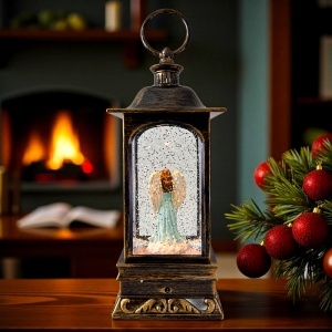 Decoratiune muzicala si luminoasa, Felinar Vintage, cu Inger, lumini calde si zapada in miscare, USB inclus, 23x9 cm - Img 2