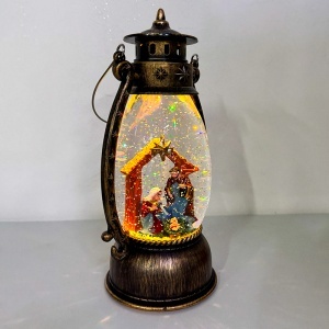 Decoratiune muzicala si luminoasa, Felinar Vintage cu scena Nasterii, lumini calde si zapada in miscare, USB inclus, 25x11 cm - Img 3
