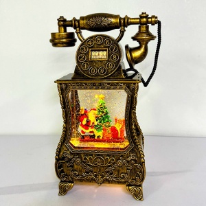 Decoratiune premium Nostalgic Phone, cu functii muzicale, lumina LED si zapada in miscare, Taina sosiri lui Mos Craciun, Maro bronz 32X17X8 cm
