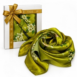 Esarfa premium dama cu flori de cires, 70 x 70 cm, Verde olive - Img 4