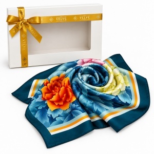 Esarfa premium dama cu imprimeu floral maxi, 70 x 70 cm, Albastru petrol