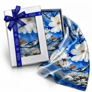Esarfa premium dama cu motive din natura si flori albe, 70 x 70 cm, Albastru - Img 3