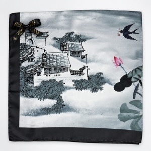 Esarfa premium dama cu peisaj oriental, 70 x 70 cm, Gri-Negru - Img 2