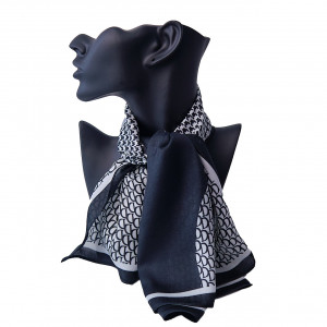 Esarfa Soft D, cu imprimeu si matase satinata, in cutie eleganta, Negru, 70x70 cm - Img 8