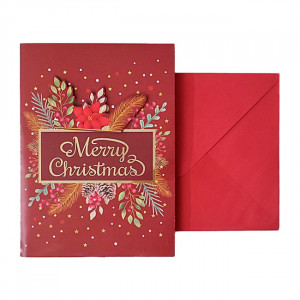 Felicitare Muzicală de Crăciun 'Stele Aurii', rosu inchis, cu plic inclus - 20 x 15 cm