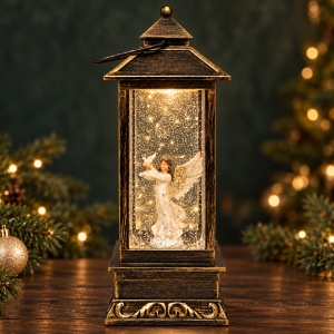 Felinar decorativ de Craciun cu LED si muzica, Inger cu porumbel, 27x10 cm, Bronz antichizat - Img 4