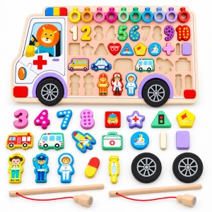 Joc educativ din lemn 6 in 1, puzzle ambulanta cu cifre, forme si pescuit magnetic - Img 3