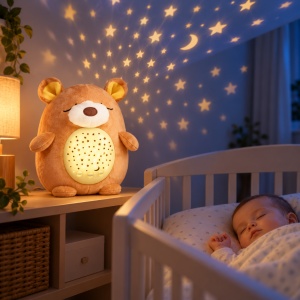 Jucarie de plus interactiva Ursulet Baby Sunki, cu proiector de stele si lumina de veghe, maro, 0 luni+ - Img 2