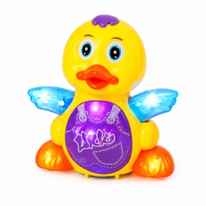 Jucarie interactiva Funny Duck, ratusca dansatoare cu muzica si lumini, 19 cm