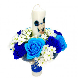 Lumanare de botez cu Mickey Mouse si flori de sapun, baiat