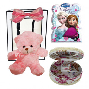 Pachet cadou pentru fete Childes, ursulet de plus, cutiuta pentru bijuterii, Set Disney Frozen, Eau de Toilette 9,5 ml, Tatoo si Semn de carte