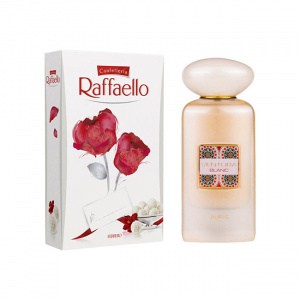 Pachet dama VLV, Aranjament floral cu trandafiri de sapun, in cutie albastra de catifea, parfum Riiffs Ventura Blanc si praline Raffaello, Alb