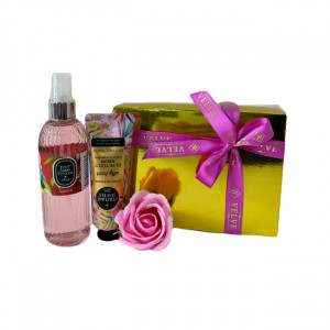 Pachet cadou Eyup, apa de colonie 150ml Eyup Sabri-Tuncer, crema de maini si de corp 50ml Eyup Sabri-Tuncer, tradafir de sapun, in cutie eleganta, Roz