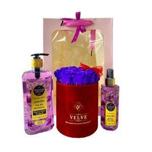 Pachet cadou Eyup,  aranjament cu 9 trandafiri mov de sapun, in cutie rosie de catifea, spray de corp 250ml Eyup Sabri-Tuncer, gel dus 750ml Eyup Sabri-Tuncer, in punga cadou
