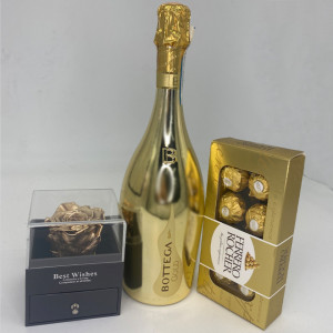 Pachet Glamour, cutie tip sertar trandafir criogenat auriu, Prosecco Bottega Gold, praline Ferrero Rocher