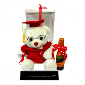 Pachet Graduate, Ursulet de plus cu toca, bratara Tennis cu cristale din zirconiu si o sticla de Prosecco Mionetto 200ml in cutie cadou
