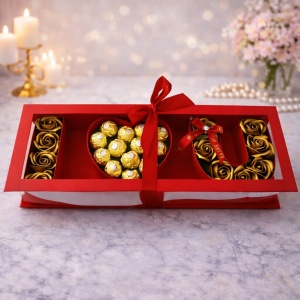Pachet I Love You, cu 11 trandafiri din sapun și 13 praline Ferrero Rocher, roșu - Img 2