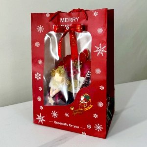 Pachet Merry Christmas, cu praline Belgian, brad decorativ, ornament ingeras si craciunita, ambalate in punga cu imprimeu de iarna