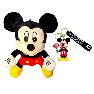 Pachet Mickey Mouse, cu jucarie de plus 30 cm, breloc, Kinder Chocolate si gel de dus, in punga de cadou - Img 2